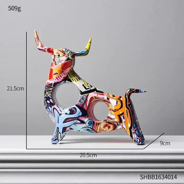 Modern Art Graffiti Cow Figurine on white surface, showing dimensions and vibrant colors, perfect for contemporary home decor.