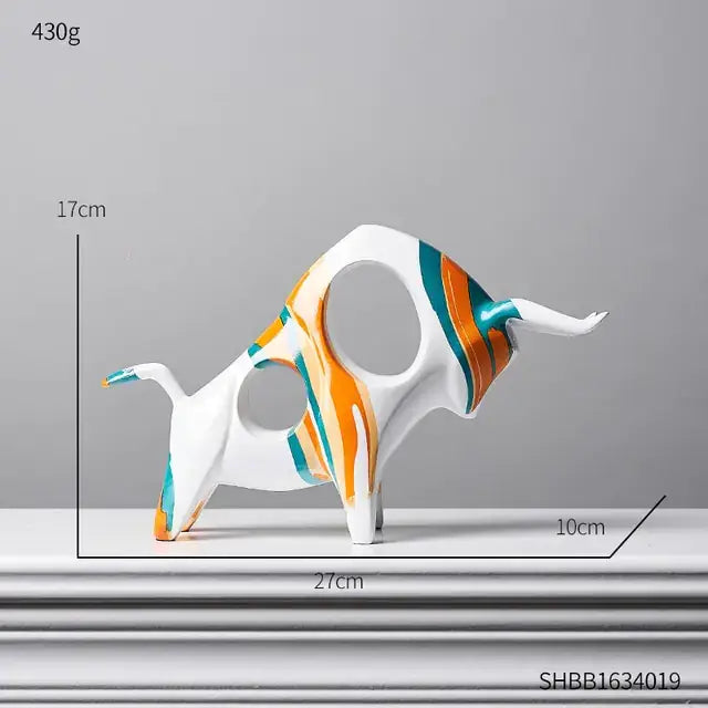 Modern art graffiti cow figurine with bold orange and teal designs on a white background, dimensions and weight displayed.