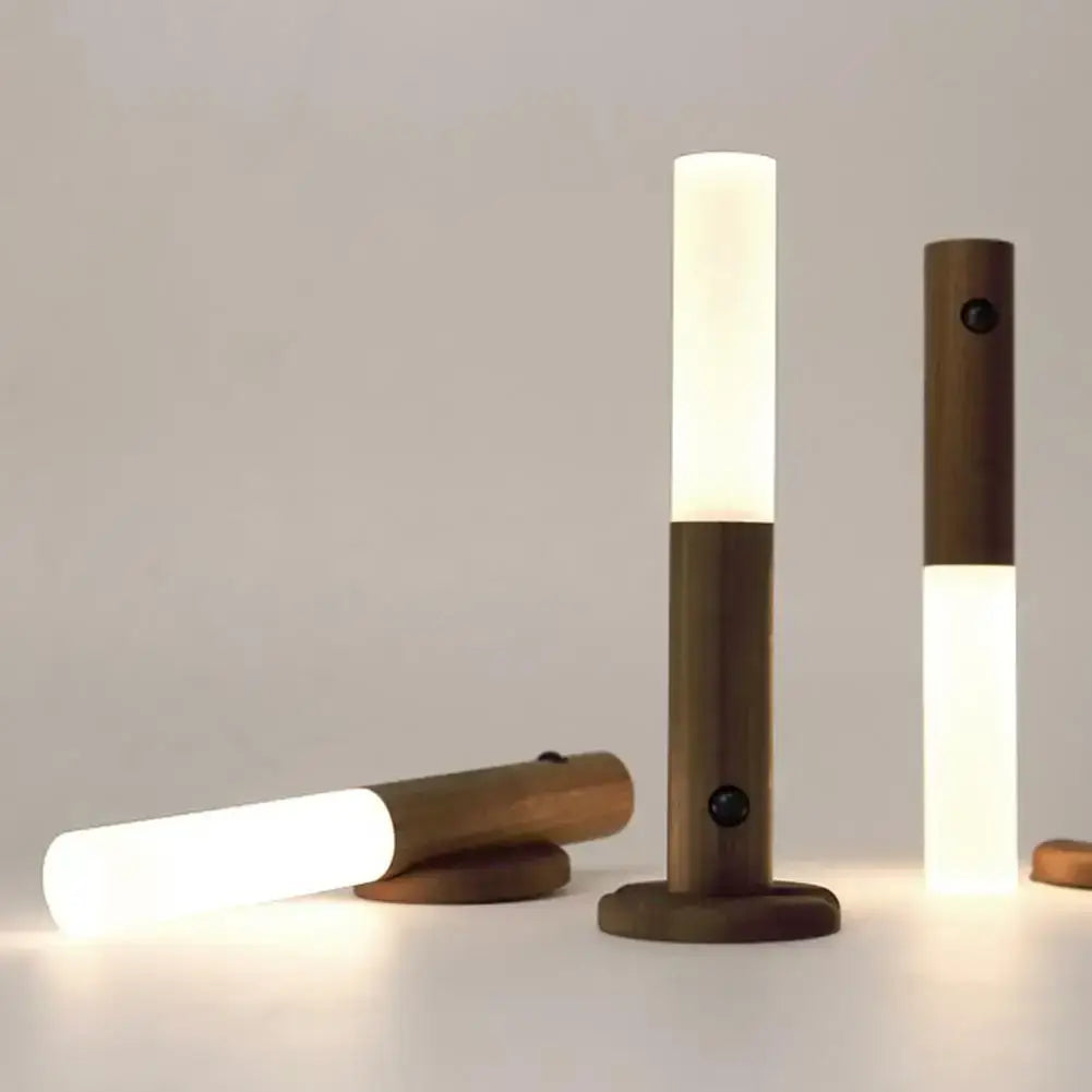 Rechargeable wooden LED night light with sleek design, perfect for bedroom decor and creating a cozy atmosphere